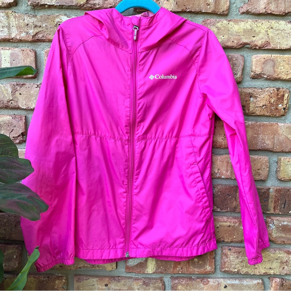 COLUMBIA GIRLS LITTLE HOT PINK FUCHSIA RAINCOAT WINDBREAKER JACKET HOODIE